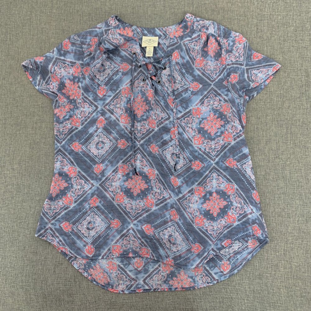 St. Johns Bay Womens Blouse Petite Large Blue Rayon Polyester Cap Sleeve Top
